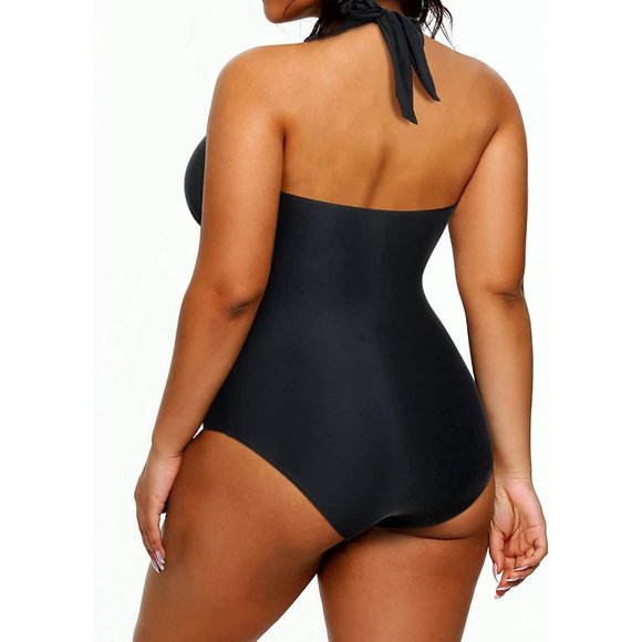 Women's Black One Piece Tummy Control Sexy Halter Swimwear - Picture 2 of 7